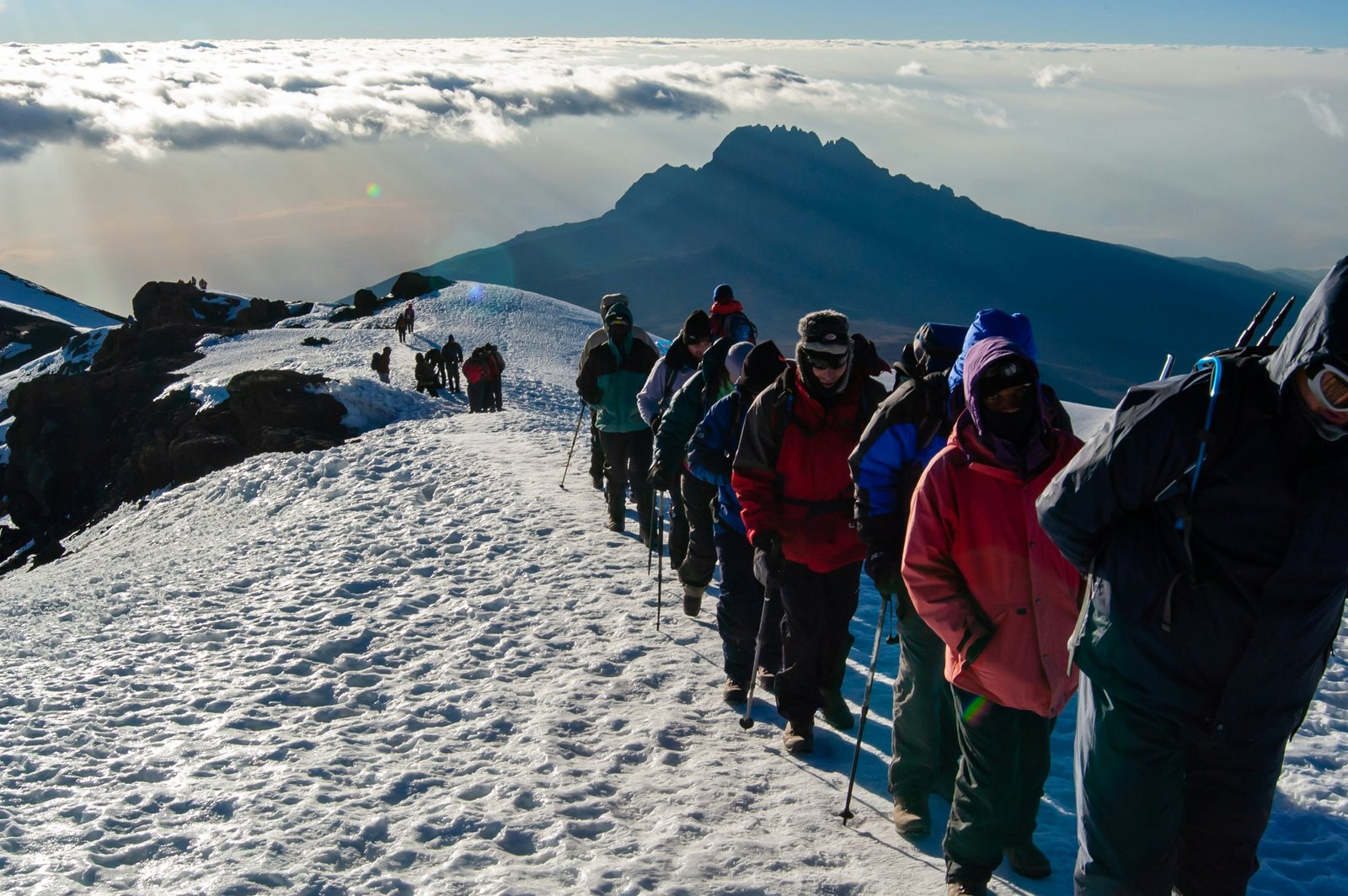 Climbers on the trail ascending Mount Kilimanjaro